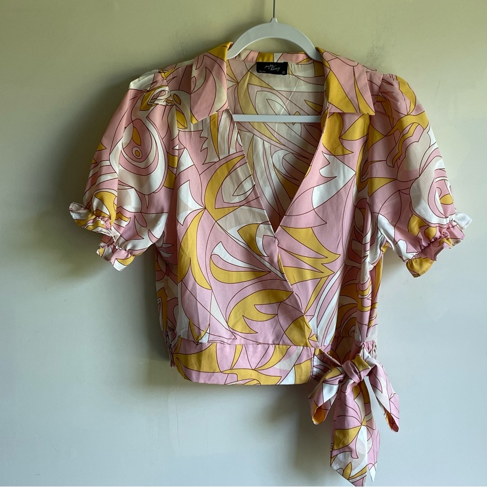 Milk & Honey Pink and Yellow Abstract Faux Wrap Blouse Size Mecium